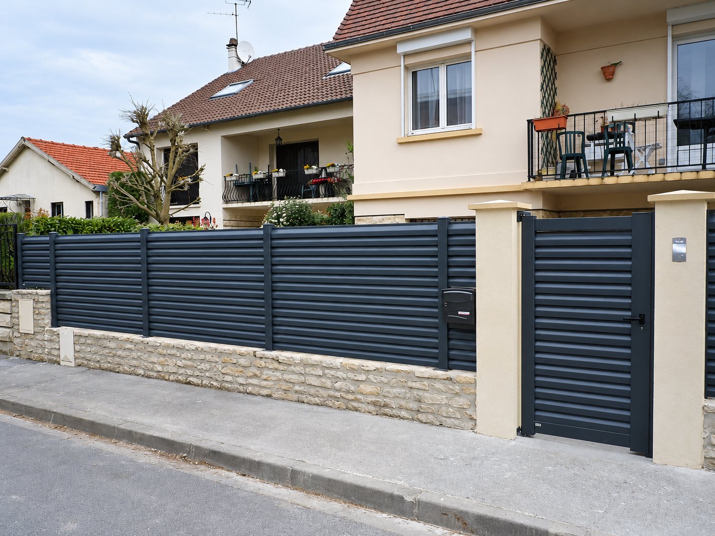 Une clôture à lames horizontales gris anthracite avec portillon, posée sur un muret de pierre claire devant une maison résidentielle.