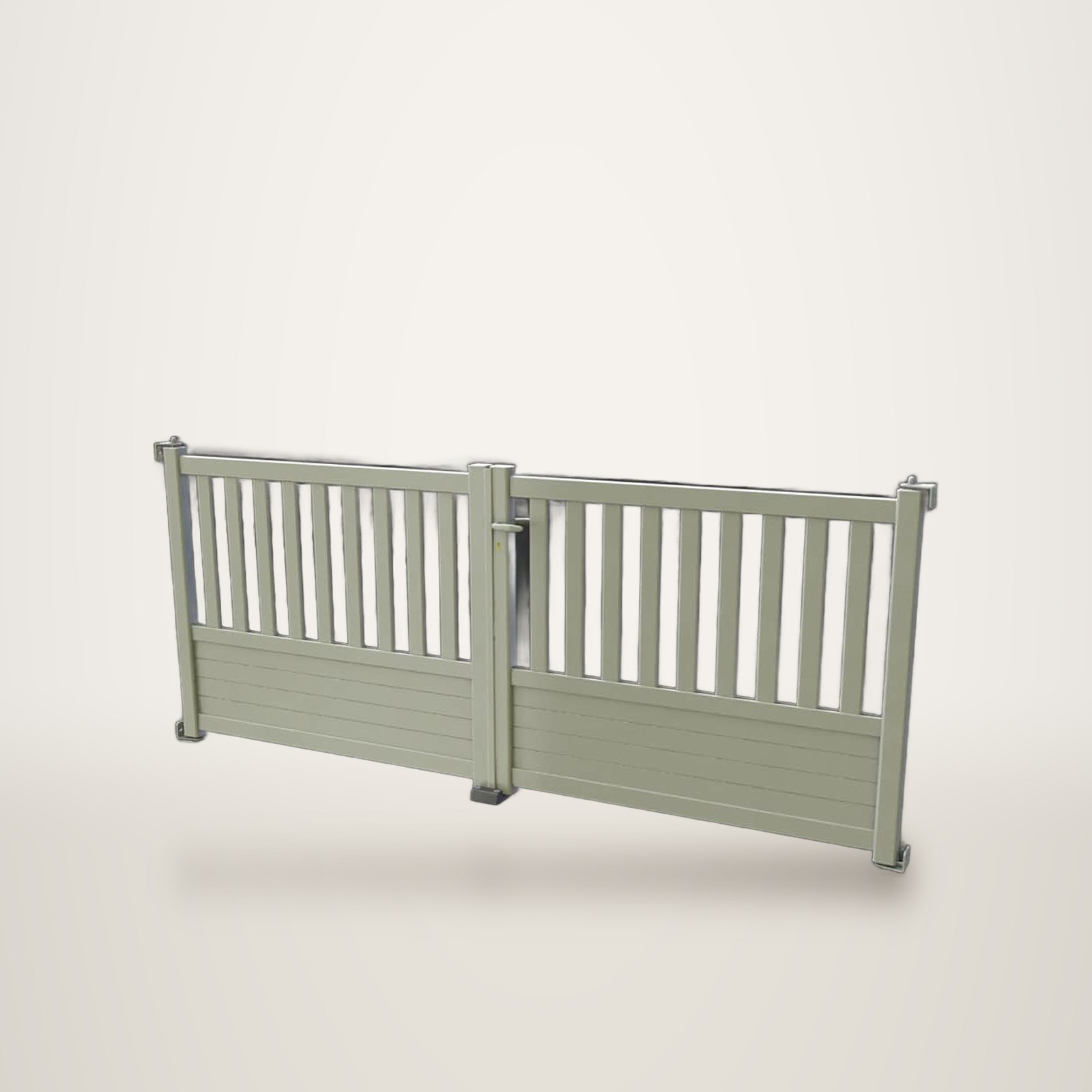 Rendu 3D d'un portail battant à deux vantaux beige, avec partie basse pleine à lames horizontales et partie haute à barreaux verticaux, sur fond gris foncé.