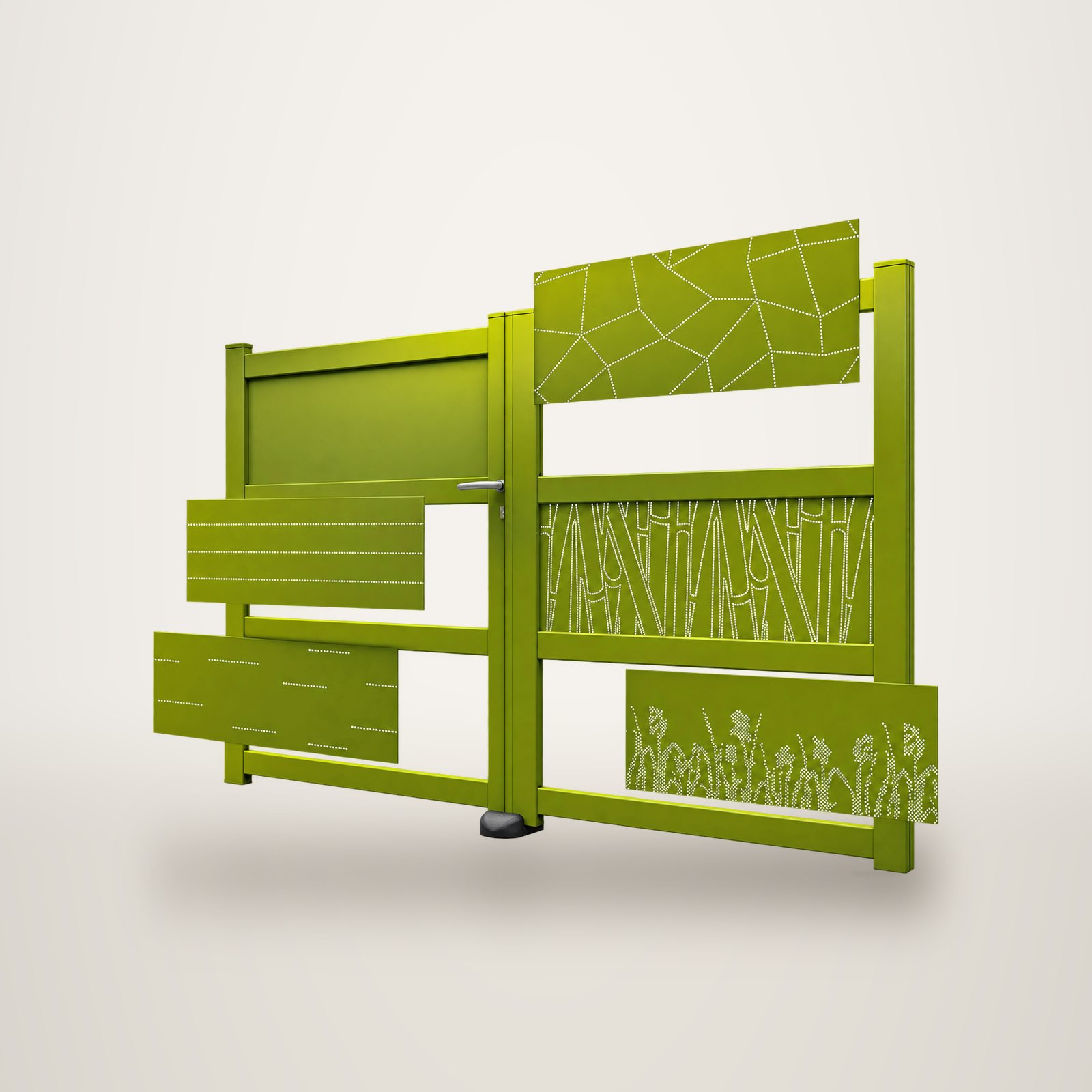 Rendu d'un portail et d'une clôture en aluminium vert anis dont les panneaux ajourés présentent des motifs géométriques et végétaux, sur fond blanc.