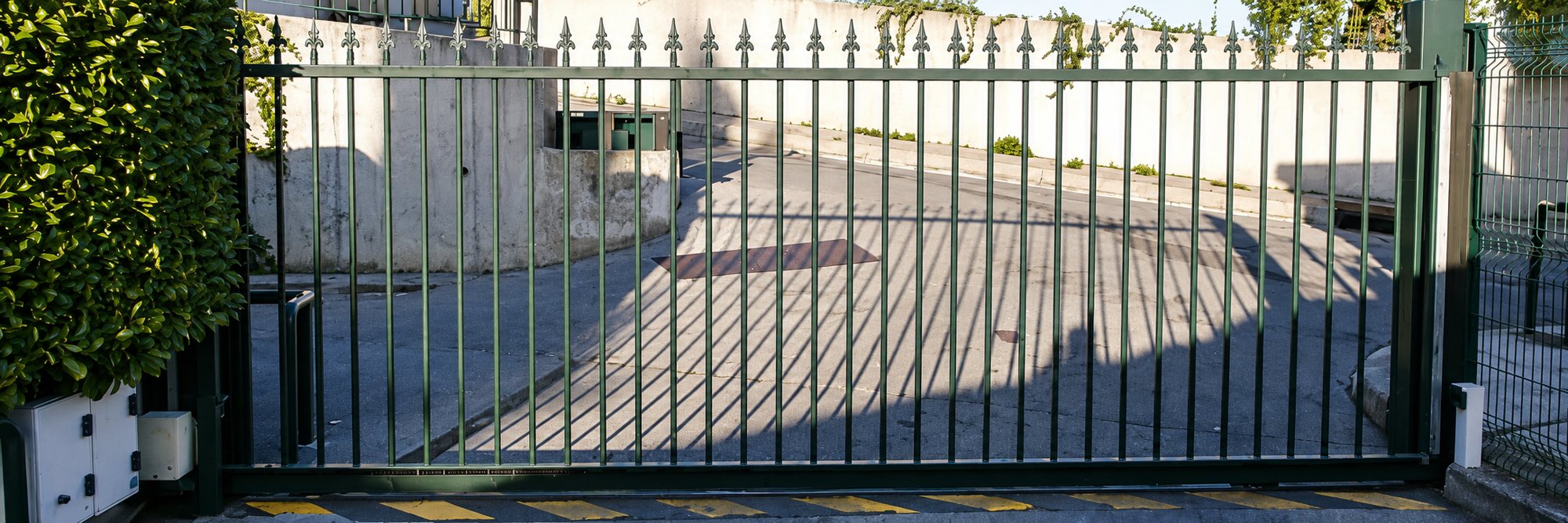 Un portail coulissant métallique vert à barreaux verticaux et pointes décoratives, fermé, donnant sur une rue bordée de murs en béton et d'une haie.