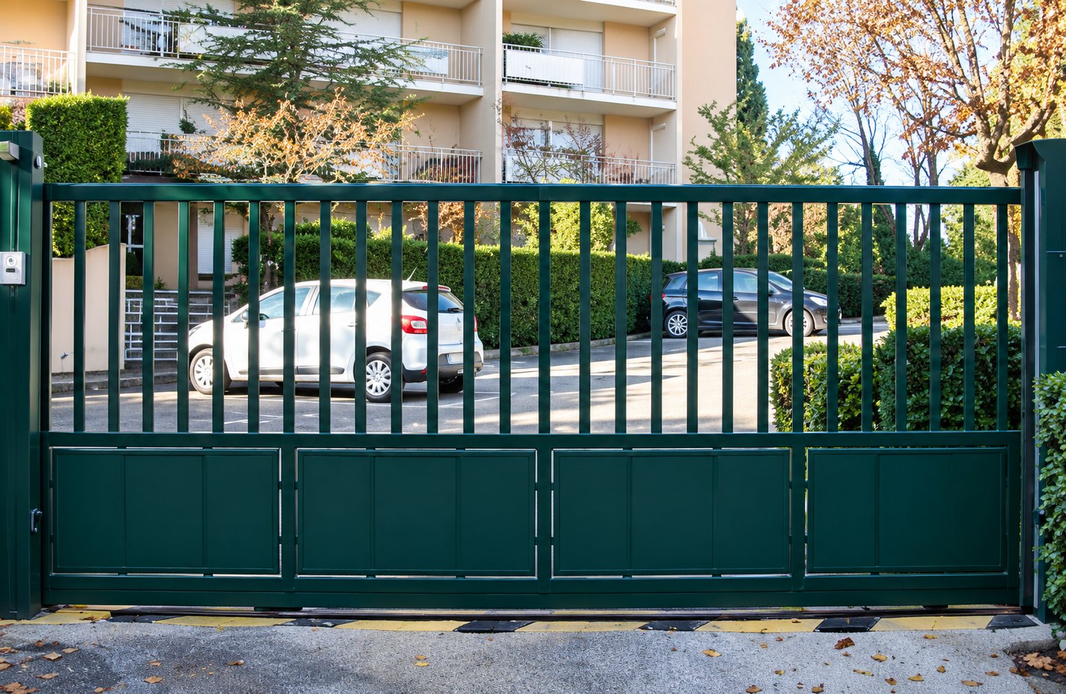 Un grand portail coulissant métallique vert foncé à barreaux verticaux ferme l'accès à un parking où stationnent des voitures, devant un immeuble.