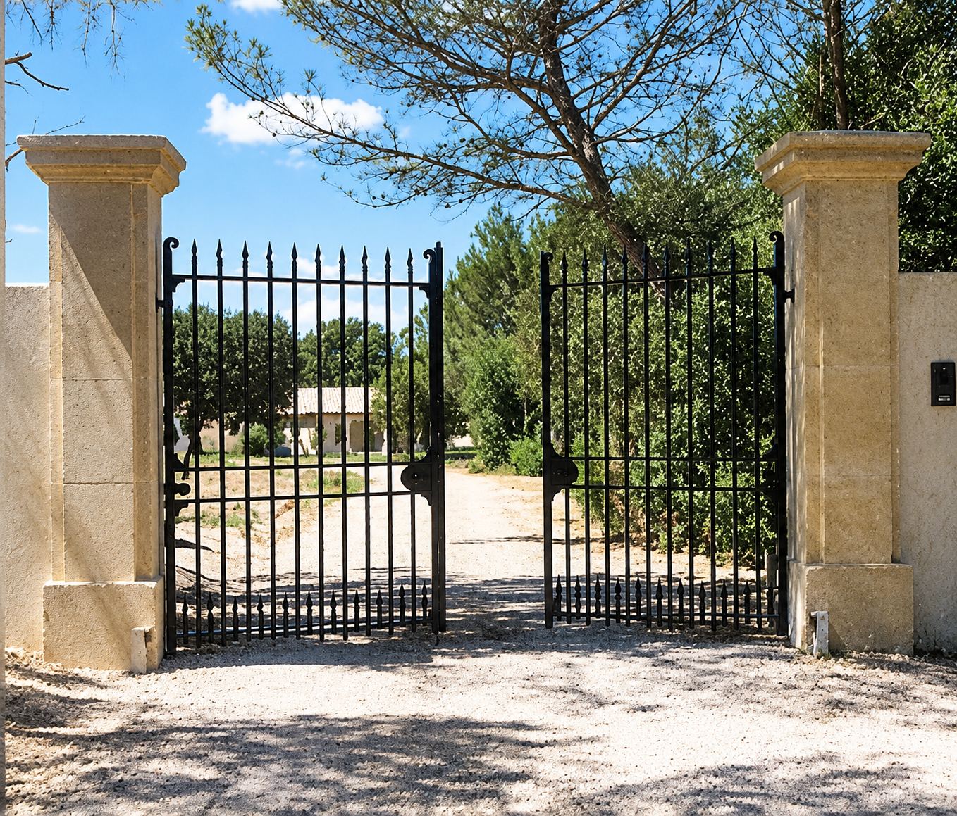Un grand portail en fer forgé noir à deux battants, encadré par deux piliers en pierre claire, ouvre sur une allée de gravier bordée de pins.