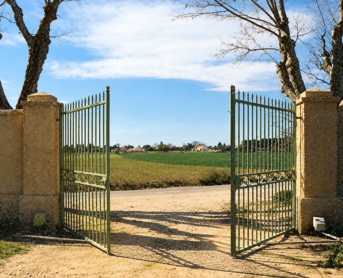 Un grand portail métallique à barreaux, grand ouvert entre deux piliers en pierre, laisse voir une allée de terre et un champ verdoyant sous un ciel bleu.