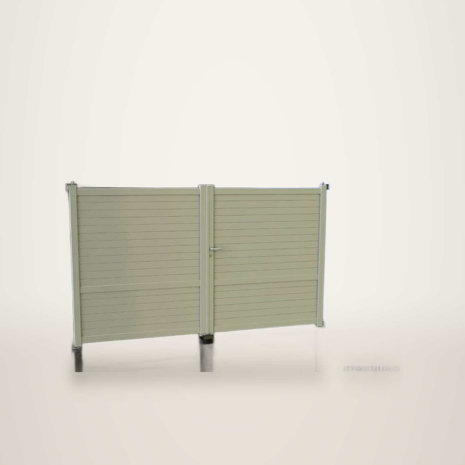 Rendu 3D d'un portail battant beige à lames horizontales avec poignée centrale, présenté sur un fond sombre dégradé.